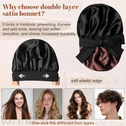 Miniatura 3 de Gorro de satén de seda para dormir, gorro de seda de doble capa con banda elástica para cabello rizado Negro+marrón