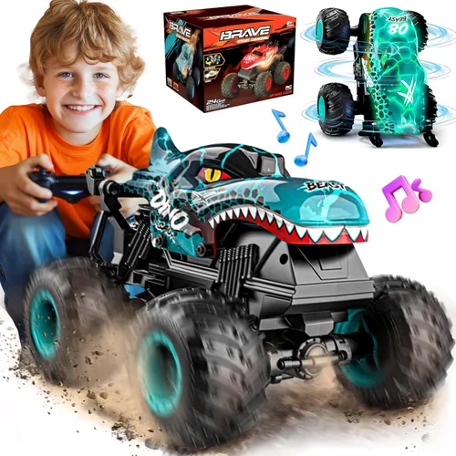 Miniatura 10 de BEZGAR Juguetes de Camiones Monstruo - Camión Monstruo de Control Remoto con Luz y Música, Juguetes de Dinosaurios para Niños, Camión RC a Escala