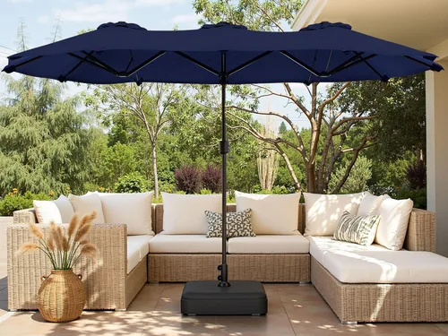 Miniatura 7 de Shintenchi Sombrilla de patio grande de 16 pies con base, sombrilla rectangular de doble cara para exteriores, sombrilla de mercado con manivela