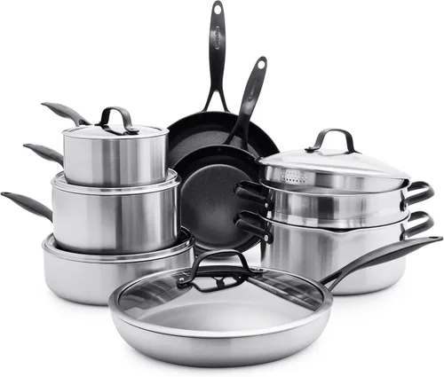 GreenPan Venice Pro Noir - Juego de ollas y sartenes de cerámica saludable de acero inoxidable de tres capas, antiadherentes, mango negro mate, sin