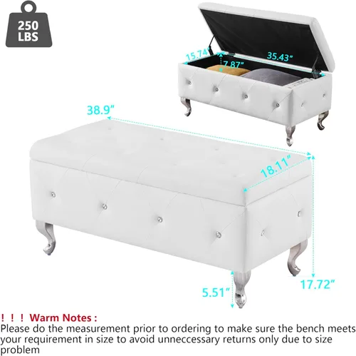 Miniatura 3 de mikibama Banco otomano de piel sintética para dormitorio, banco otomano de almacenamiento con botones de cristal con asiento y patas de metal Blanco