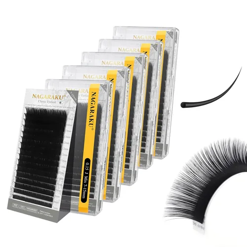 Miniatura 144 de NAGARAKU Extensiones de pestañas, pestañas individuales, 0.05mm, rizo D, 15mm, clásico, negro mate, suave, natural, profesional, 16 filas, 0.05-D