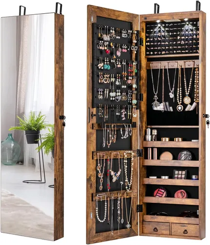 Miniatura 19 de Giantex Armario de joyería para puerta de pared con espejo de longitud completa, 2 LED con cerradura grande organizador de joyas con espejo ancho