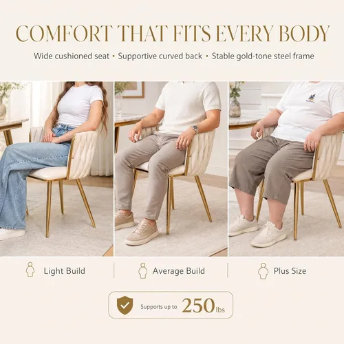 Miniatura 6 de Juego de 2 sillas de comedor de terciopelo Kiztir, sillas tapizadas de comedor con patas de metal dorado, lujosas sillas de comedor acolchadas