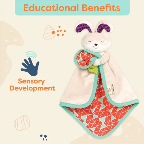 Miniatura 4 de B. toys – Manta de seguridad Baby Bunny con tela de felpa suave – Manta sensorial de confort con área crujiente para recién nacidos y bebés