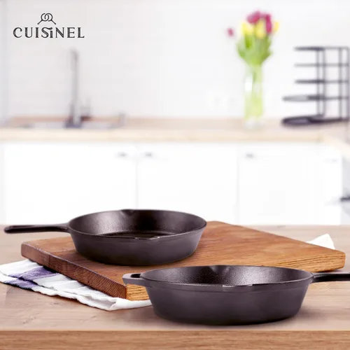 Miniatura 7 de Cuisinel Juego de sartenes de hierro fundido, sartén de 8 pulgadas + 12 pulgadas + tapas de vidrio, utensilios de cocina pre-sazonados, soportes