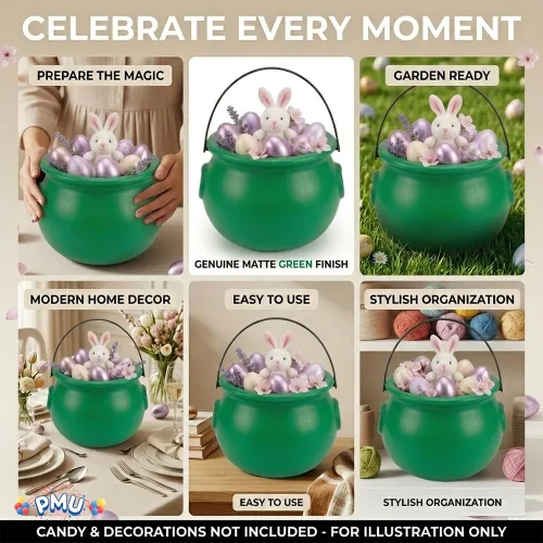 Miniatura 6 de PMU Caldero de Pascua de 8 pulgadas, 6 unidades, caldero de plástico verde, decoración de Pascua para decoración del hogar y fiesta