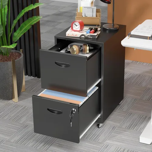 Miniatura 2 de Archivador móvil de 2 cajones con cerradura, archivadores de metal con ruedas, gabinete de almacenamiento enrollable negro, archivador vertical