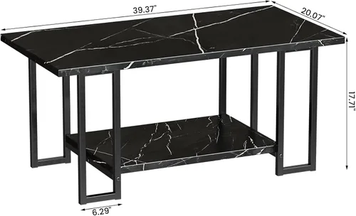 Miniatura 2 de AWQM Mesa de Centro de Mármol, Mesa de Centro Rectangular con Superficie de Mármol Sintético y Marco de Metal Negro, Mesa de Sala de 2 Niveles