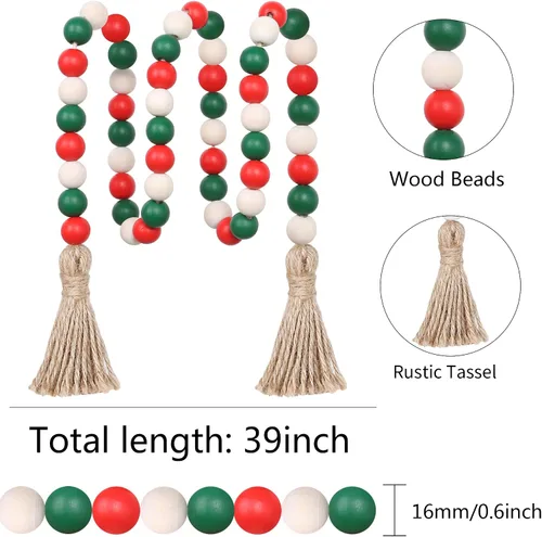 Miniatura 6 de Guirnalda de cuentas de madera de Navidad, cuentas de granja de 39 pulgadas con borlas, bandeja escalonada, decoración para colgar en la pared