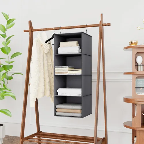 Miniatura 2 de Organizador colgante para armario, fácil de montar, estantes colgantes plegables con 4 compartimentos, para guardar ropa, bolsos, zapatos y Gris