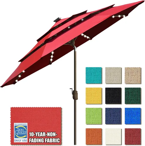 EliteShade USA - Sombrilla solar de 9 pies / 2.74 metros, de 3 niveles, con 10 años sin decoloración, 80 luces LED para patio, mesa al aire libre,