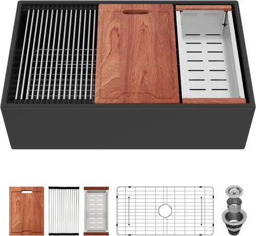Miniatura 6 de Sarlai Fregadero negro de granja, fregadero de cocina de 33 pulgadas, estación de trabajo, delantal frontal de arcilla refractaria negra mate