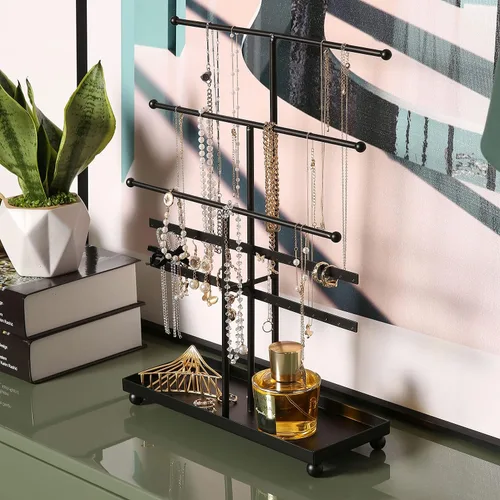 Miniatura 4 de MyGift Moderno soporte organizador de joyas de metal de 3 niveles, exhibición de almacenamiento de joyas negro mate con bandeja para anillos, 18