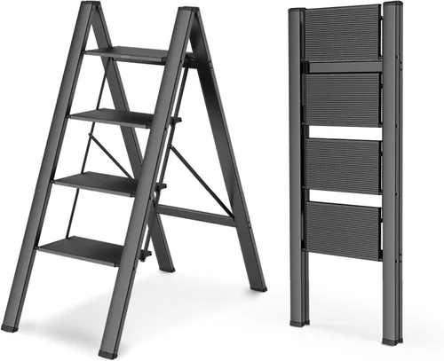 Miniatura 9 de WOA WOA Escalera de 2 escalones, taburete plegable, escalera ligera de aluminio para hogar, cocina y armario, pedales antideslizantes, fácil