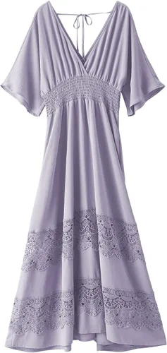 Miniatura 53 de Vestido largo de encaje para mujer de manga corta y cuello en V, vestido de fiesta estilo bohemio con cintura fruncida, vestido bohemio para mujer