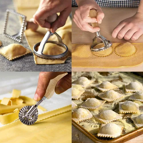 Miniatura 4 de Cortador de sellos de ravioli con juego de ruedas de rodillo, molde con mango de madera y borde estriado, accesorio de cocina para prensa de pasta
