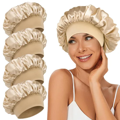 Miniatura 18 de 4 piezas de gorro de satén de seda, gorro de cabello para dormir, gorro de seda elástica de banda ancha para dormir, suave y transpirable