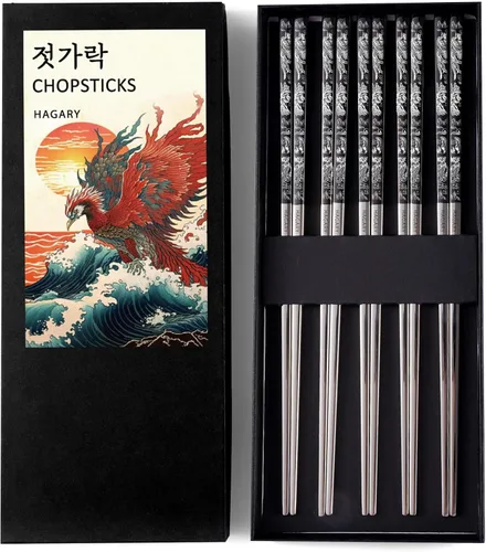 Miniatura 9 de Phoenix Palillos de metal reutilizables, diseñados en Corea, estilo japonés, acero inoxidable 316 18/10, antideslizantes, aptos para lavavajillas