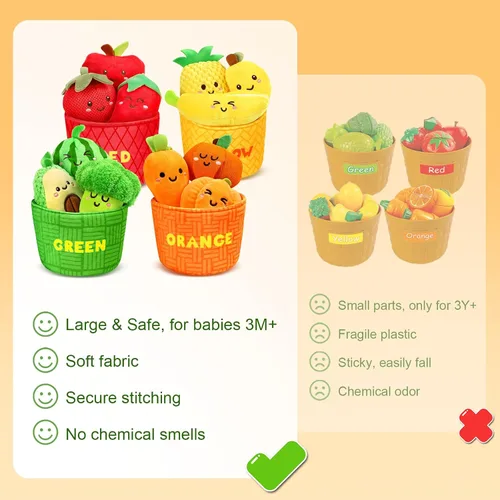 Miniatura 8 de TOHIBEE Juguetes Sensoriales para Bebés - 16 Piezas de Frutas y Verduras de Comida de Juego para Clasificar Colores con Sonajero, Crujido, Juguetes