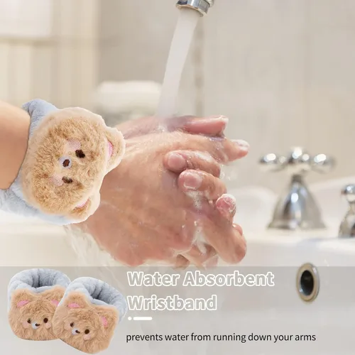 Miniatura 3 de WHAVEL Juego de 3 bandas para el cabello, diadema de spa y pulsera con lindas orejas de oso, bandas de lavado facial para mujeres y niñas (café 01)