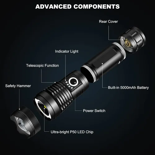 Miniatura 9 de Paquete de 3 linternas LED recargables de alto lumen, linterna súper brillante de 90,000LM, linterna potente ajustable de 5 modos con cable USB