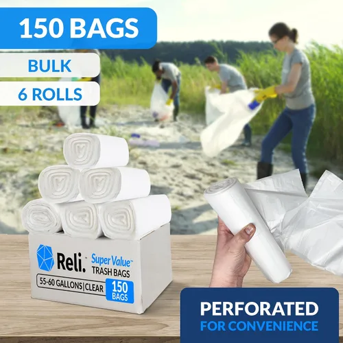 Miniatura 3 de Reli. Bolsas de basura resistentes de 55 a 60 galones, 150 bolsas de basura con lazos, limpieza de basura súper grandes, transparentes y serias