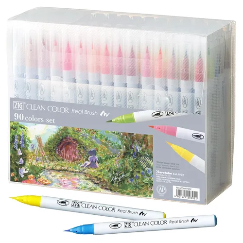 Kuretake Zig Clean Color Real Brush Juego de 90 colores, rotuladores de punta de pincel, para profesionales y artistas, colorear, dibujo,