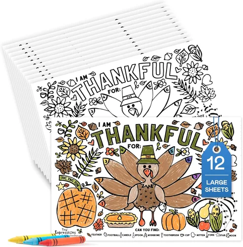 Tiny Expressions - Manteles individuales para colorear de Acción de Gracias para niños - Juego de 12 manteles individuales de papel para colorear,
