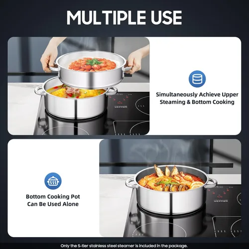 Miniatura 3 de Olla de vapor de acero inoxidable de 5 niveles para cocinar, olla de vapor multiusos de acero inoxidable de 11 pulgadas con asa y tapa, cesta