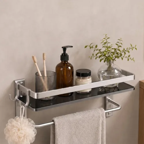 Miniatura 8 de VOLPONE Estante de pared para baño, estantes de vidrio negro, estantes de baño de 15.7in con toallero, estante para toallas, montaje en pared, 2
