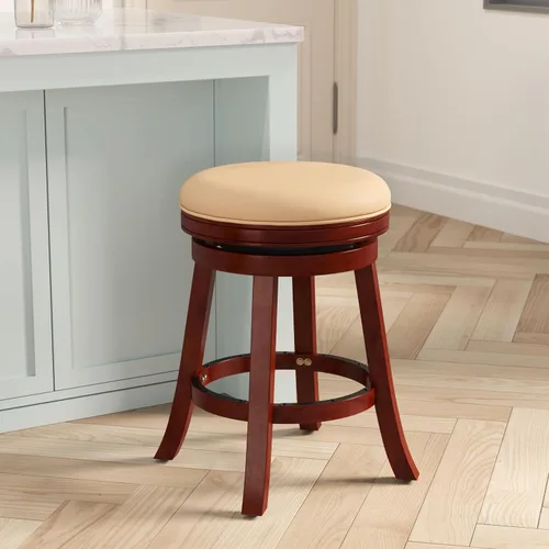 Miniatura 3 de DTY Indoor Living Creede - Taburetes de altura de mostrador de 26 pulgadas, giratorios sin espalda, acabado cereza con asiento de cuero de hueso