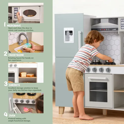 Miniatura 4 de Play Kitchen - Juego de cocina de juguete de madera para niños con luces y sonidos simulados, cocina de madera Montessori con fregadero, estufa