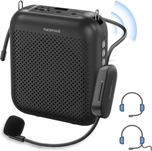 Norwii Micrófono inalámbrico con amplificador de voz, 4000 mAh, portátil, recargable, Bluetooth, mini altavoz personal con 2 micrófonos de diadema