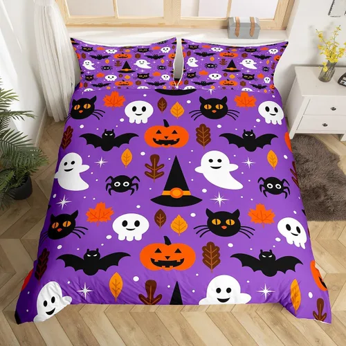 Miniatura 11 de Erosebridal Funda de edredón de calabaza con diseño de murciélagos para Halloween, juego de ropa de cama con sombrero de bruja, funda de edredón