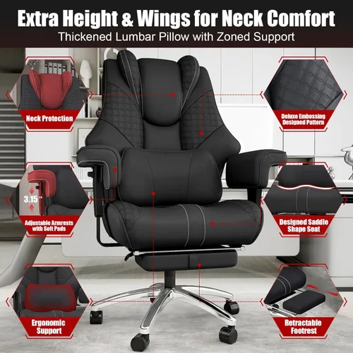 Miniatura 4 de Silla de oficina grande y alta de 400 libras, silla ejecutiva de cuero ergonómica ancha para personas pesadas con reposapiés, silla reclinable