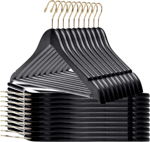 Miniatura 13 de Perchas de madera de calidad – Juego de 20 perchas ligeramente curvadas – Perchas de madera maciza con elegantes ganchos cromados – Ropa resistente
