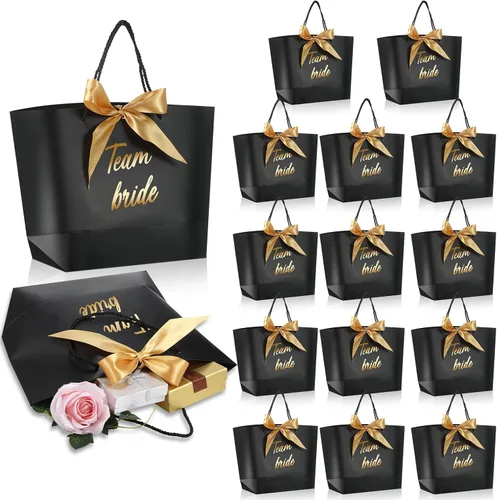 Tenceur 16 bolsas de regalo de novia con lazo para dama de honor, bolsas de papel con asa, color negro para despedidas de soltera, bodas, despedidas