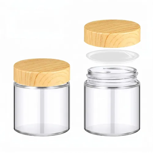 Miniatura 12 de Norme 120 tarros de vidrio de 4 onzas con tapas, recipientes de vidrio vacíos con tapas de grano de madera y revestimientos interiores