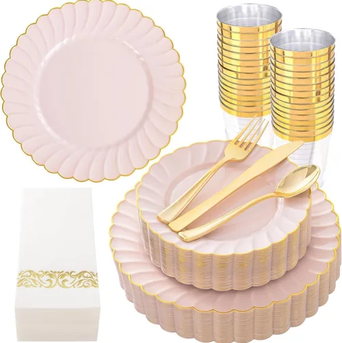 Miniatura 10 de YOUBET - 350 piezas de platos de plástico negro y dorado - Juegos de vajilla desechable dorada para 50 invitados - 100 platos de plástico, 150