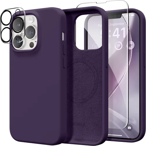 Miniatura 130 de GONEZ Funda de silicona para iPhone 14 Pro Max, compatible con MagSafe, con protector de pantalla + protector de lente de cámara, silicona líquida a