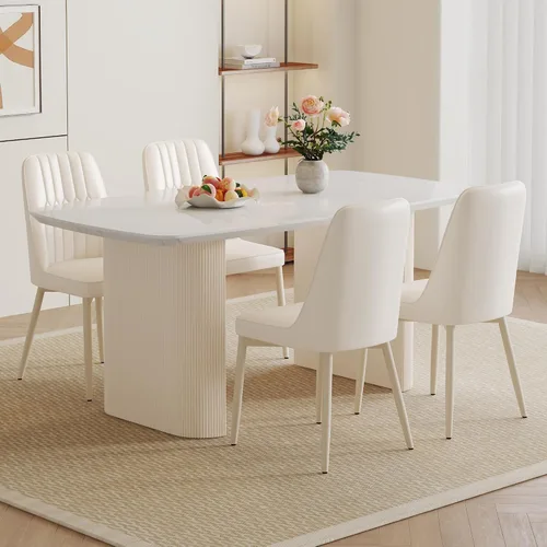 Miniatura 7 de Juego de mesa de comedor blanca para 4, juego de mesa de comedor de mármol de 67 pulgadas con mesa ovalada blanca crema de 3.5 pulgadas de grosor