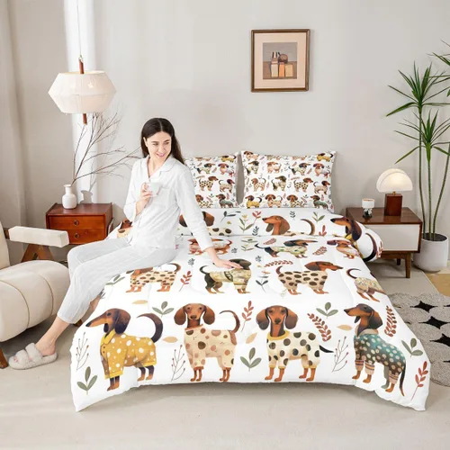 Miniatura 22 de Juego de edredón lindo de perro y gato, tamaño matrimonial, juego de ropa de cama colorido con estampado de patas de cachorro, 3 piezas para niños