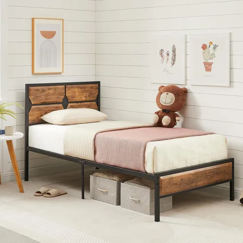 VECELO Base de cama individual tamaño individual con cabecera y estribo de madera, base de colchón de plataforma de metal con fuerte soporte de