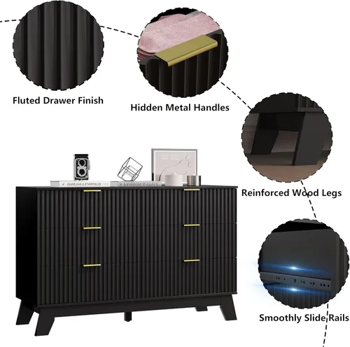 Miniatura 4 de HUANLEGO Cómoda de 6 cajones para dormitorio, cómodas estilizadas negras con cajones y tirador dorado, cómodas de madera modernas de mediados