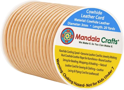 Miniatura 208 de Mandala Crafts Cordón Redondo de Cuero de Piel de Vaca Genuino Beige para Fabricación de Joyas Kumihimo Carrete de Cuerda de Cuero - Cordón