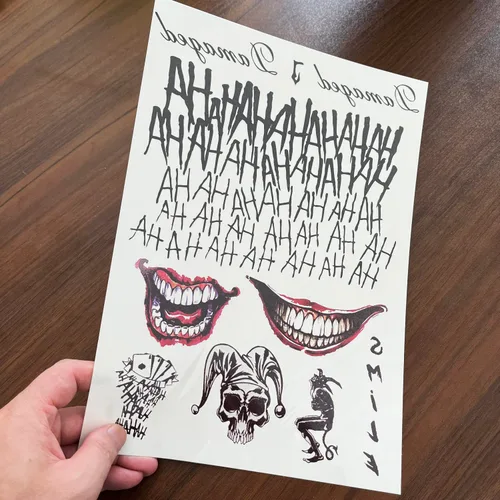 Miniatura 3 de 3 hojas de tatuajes temporales PadOUN The Joker, tatuajes falsos de Halloween de Suicde Squad, tatuaje adhesivo para disfraces de Halloween