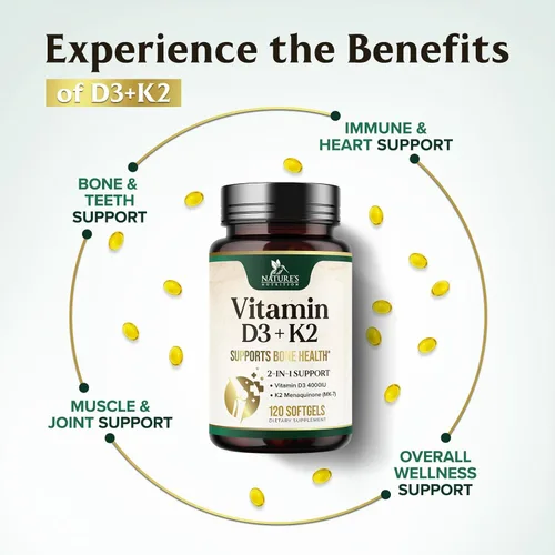 Miniatura 5 de Vitamina D3 4000 UI, 100 mcg por porción, Vitaminas D K2 extra fuertes 2 en 1 para apoyo óseo, corazón y muscular, apoyo inmunológico y absorción