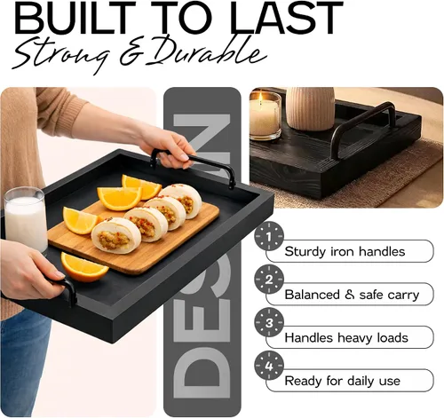 Miniatura 3 de Besti Bandejas rústicas vintage para servir comida (juego de 2) Tabla de madera anidable con asas de metal Elegantes bandejas de servir