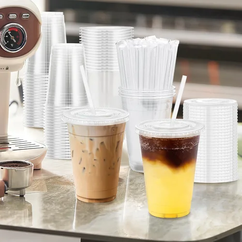 Miniatura 5 de Paquete de 100 vasos de plástico de 20 onzas con tapas y pajitas, tazas de café desechables para café helado, bebidas frías, batidos y batidos